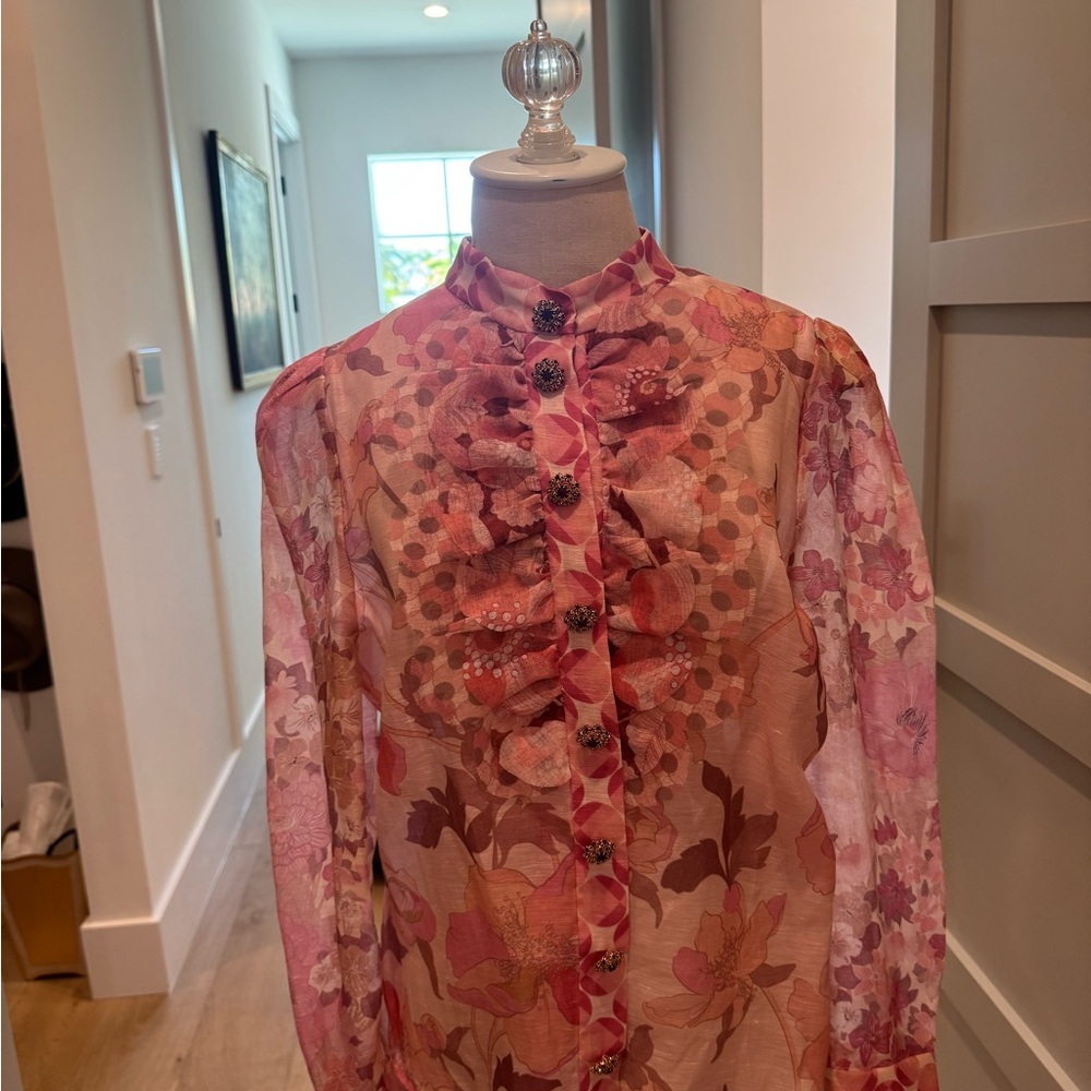 Zimmermann Pink Floral Ruffled Sheer Blouse